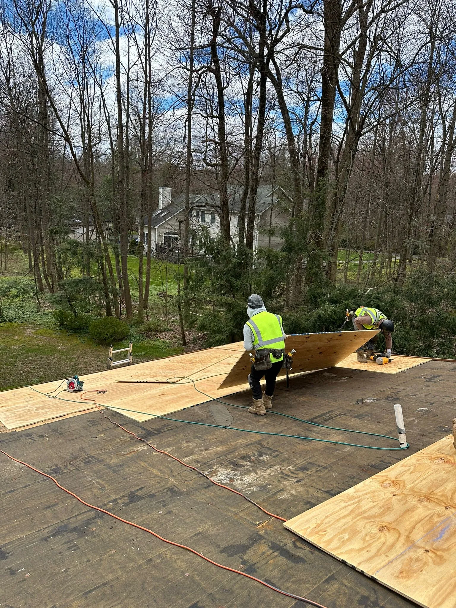 Roofers laying new plywood decking across the flat roof, one carrying a sheet, woods and a home behind.